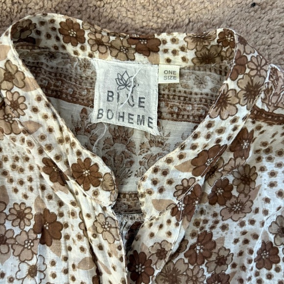 Blue Boheme OS Carla Printed Blouse Short Sleeves Camel Color 100% Cotton Boho - Picture 3 of 7